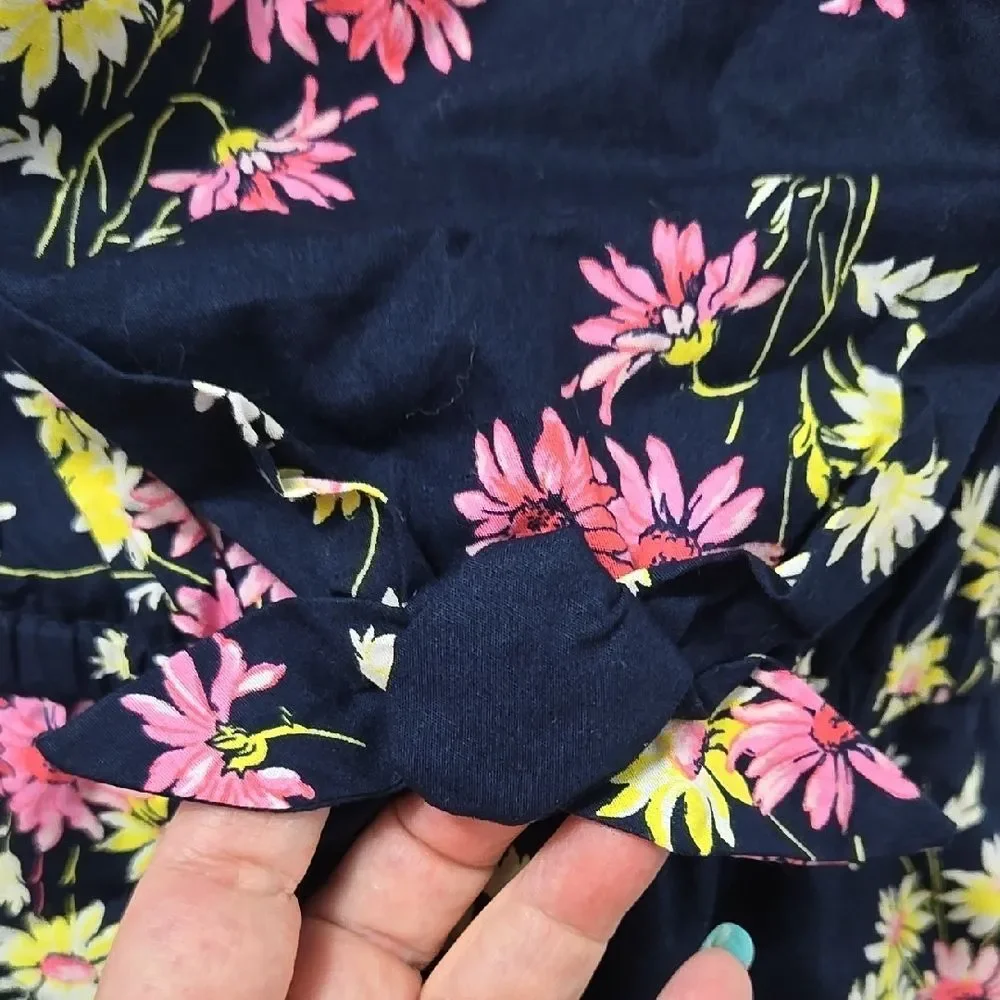 Gap Girls Floral Puff Sleeve Chambray Romper XL 14/16 Navy Bow Pockets Summer